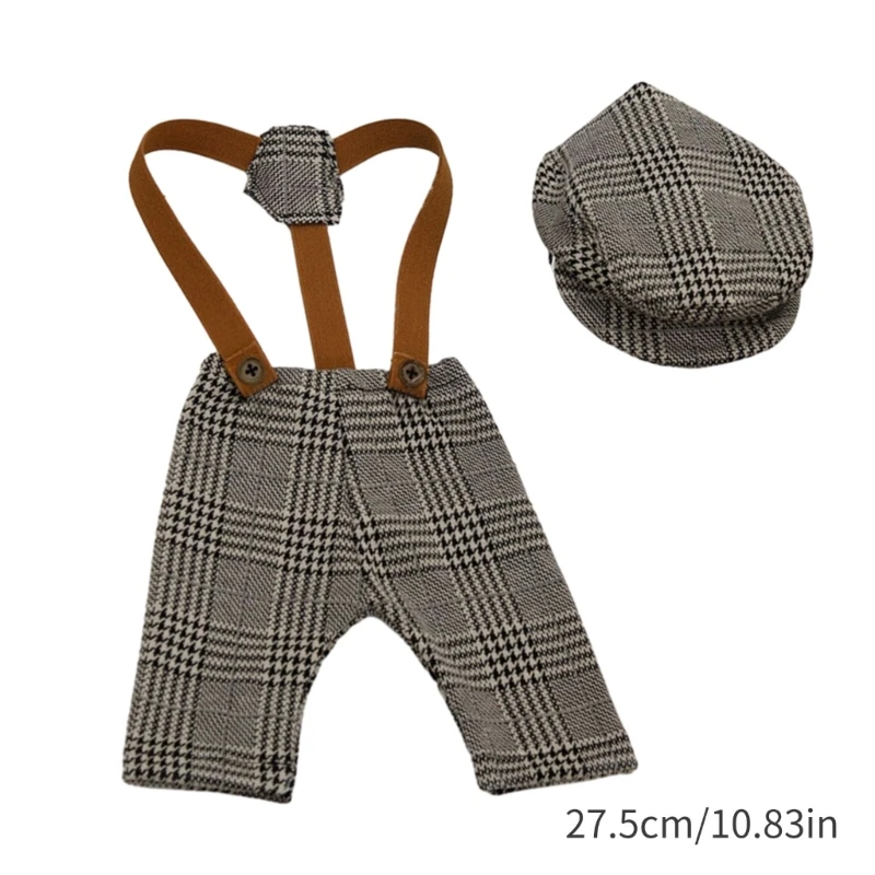 Stylish Baby Boy Photo Prop รูปแบบตาราง Overalls หมวกชุดสำหรับถ่ายภาพ D5QA