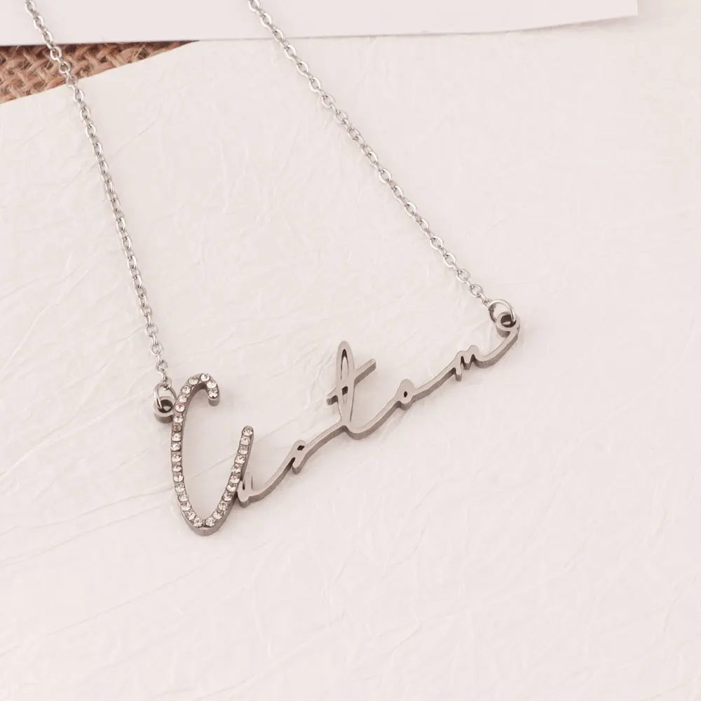 Custom Name Necklace for Women Stainless Steel O Chain Initial With Rhinestone Personalized Script Name Pendant Christmas Gift