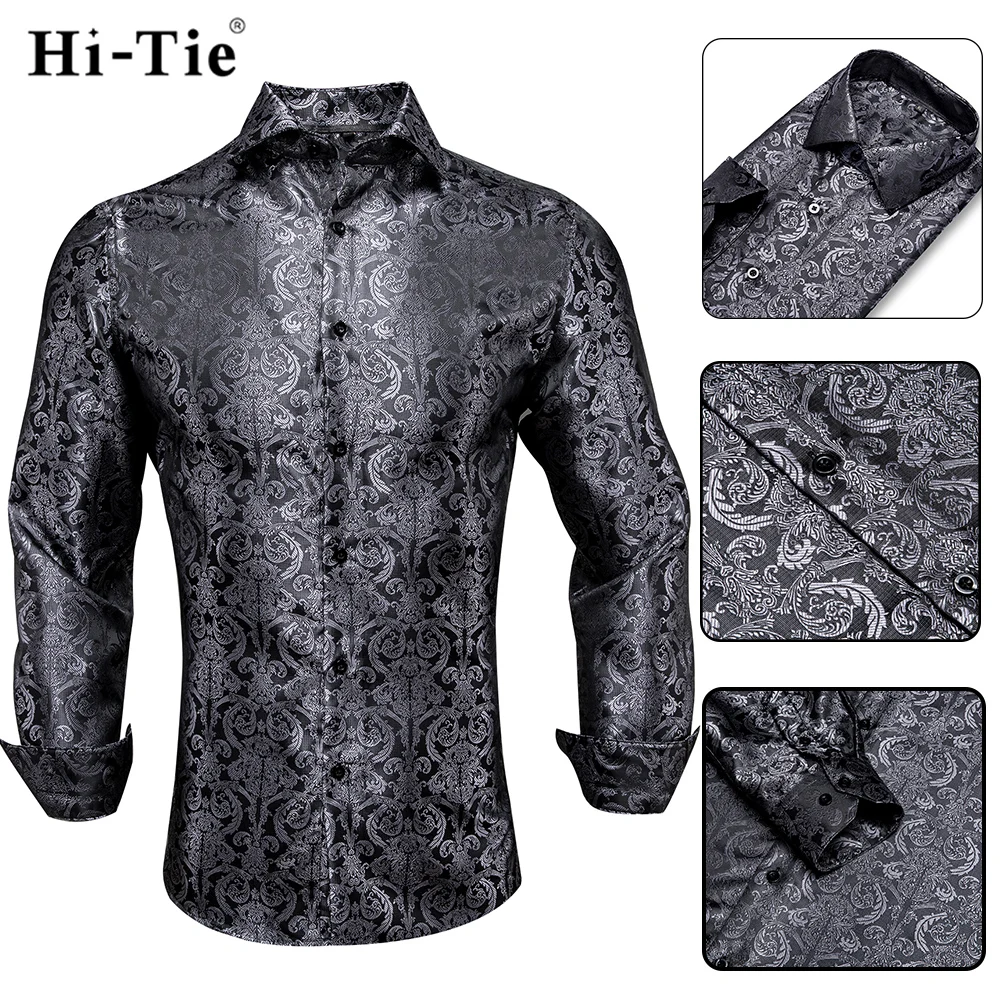 Hi-Tie Blue Men\'s Shirts Paisley Floral Silk Gold Long Sleeve Casual Shirts For Men Jacquard Male Business Party Wedding Dress