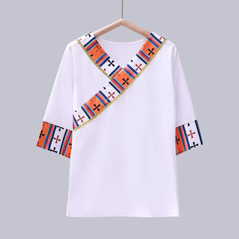 Tibetan Performance Clothing T-shirt Top Mongolian Traditional National Dance Ethnic Costumes Hmong Clothes Folk Dance Wear