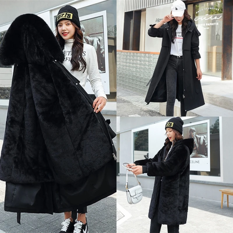 2024 Tops Women Winter Jacket Hooded X-Long Thick Faux Fur Filled Parka Female Detachable Liner Jacket Cotton-padded Coats M-5XL