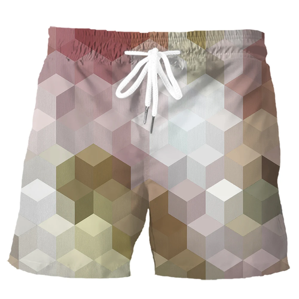 HX Fashion Mens Shorts Square Splicing 3D Printed Sports Wear Summer Casual Pockets Polyester Board Pants Men Clothing