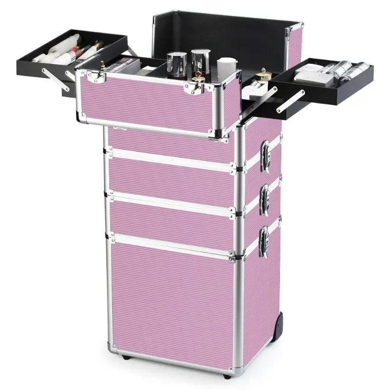 Makeup Train Case 4 in 1 Professional Cosmetics Rolling Organizer Aluminum Frame and Folding Trays Pink