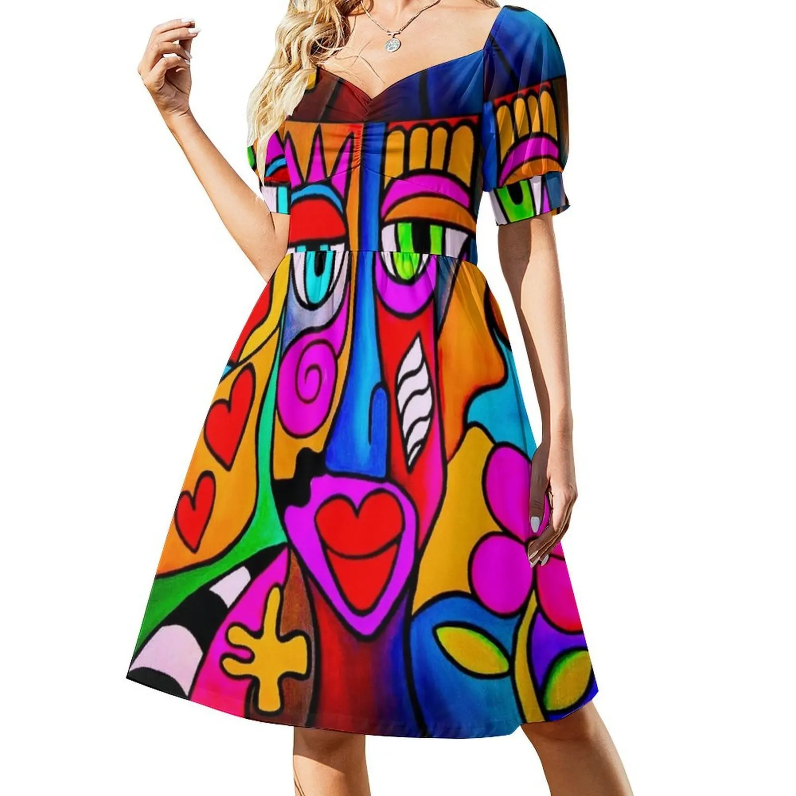 Sukienka w stylu koreańskim Funky Face dla kobiet, prosta, codzienna, do biura, jaskrawe, kolorowe, zabawne wzory kwiatowe i serca, funky, kobieca.