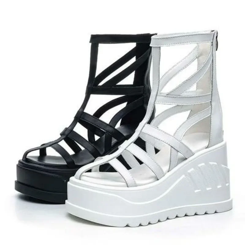 

10CM Genuine Leather Women Summer Weave Shoes Mules Shoes Punk Ankle Booties Sandals Platform Wedge Platform Wedge Hollow ZIP