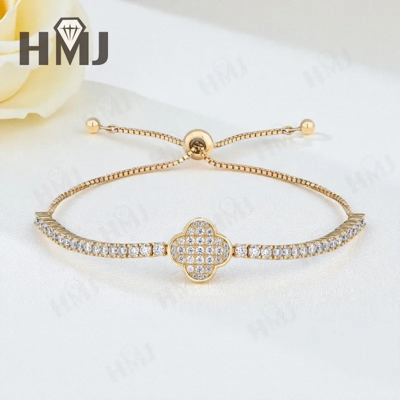 

Four-leaf Clover Charm Bracelet with D Color VVS1 Round Moissanite Diamond 925 Silver Plated White Yellow Gold Daily Lucky Gift