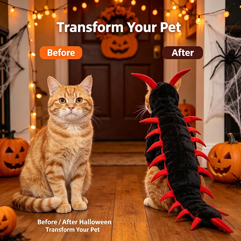 Plush Fluffy Halloween Centipede Cat Costume Long Segmented Simulated Centipede Cat Multi-leg Centipede Clothes Creepy Supplies