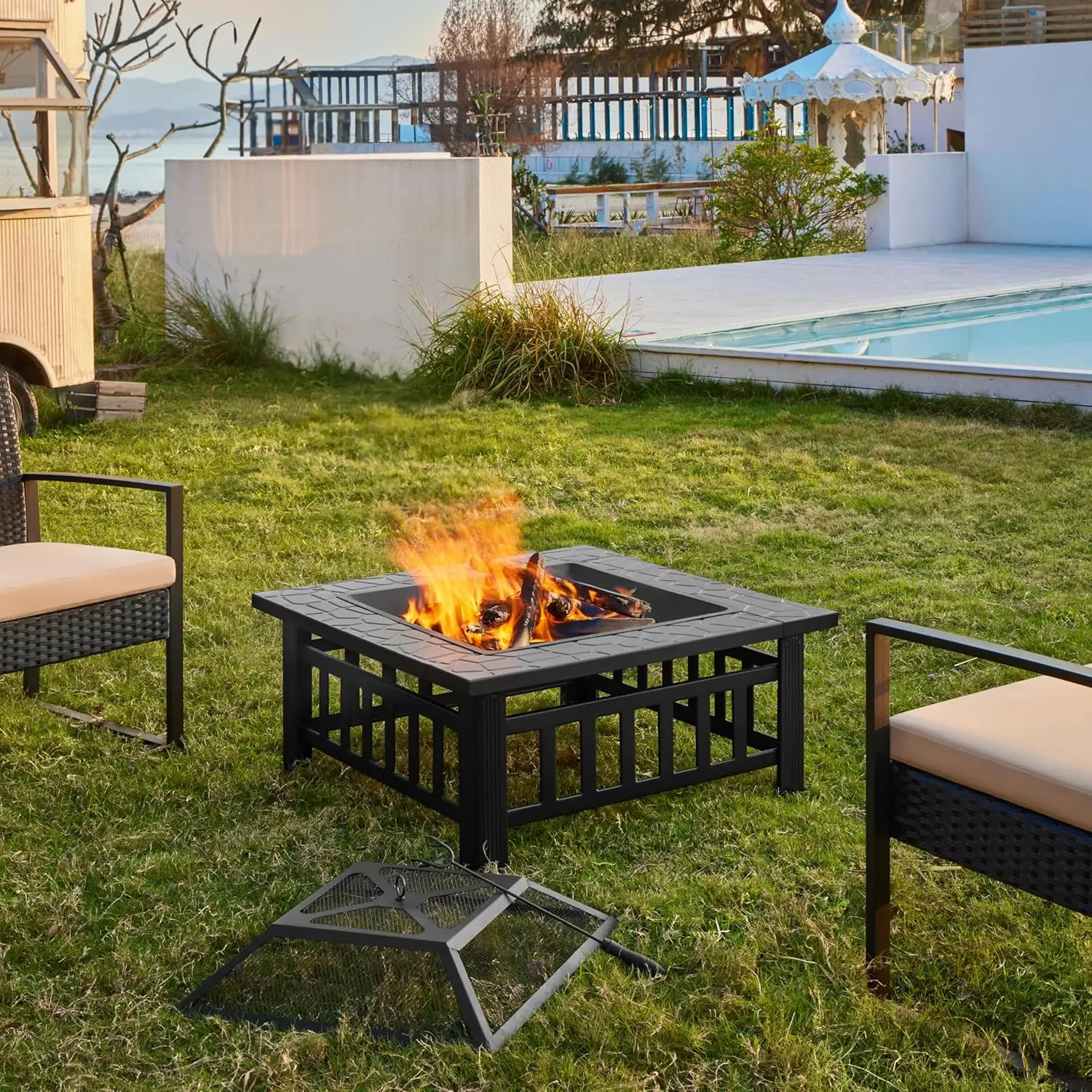 متعددة الوظائف حفرة النار الجدول 32in مربع المعادن Firepit موقد الفناء الخلفي فناء حديقة الموقد ، التدفئة في الهواء الطلق ، النار والنزهة