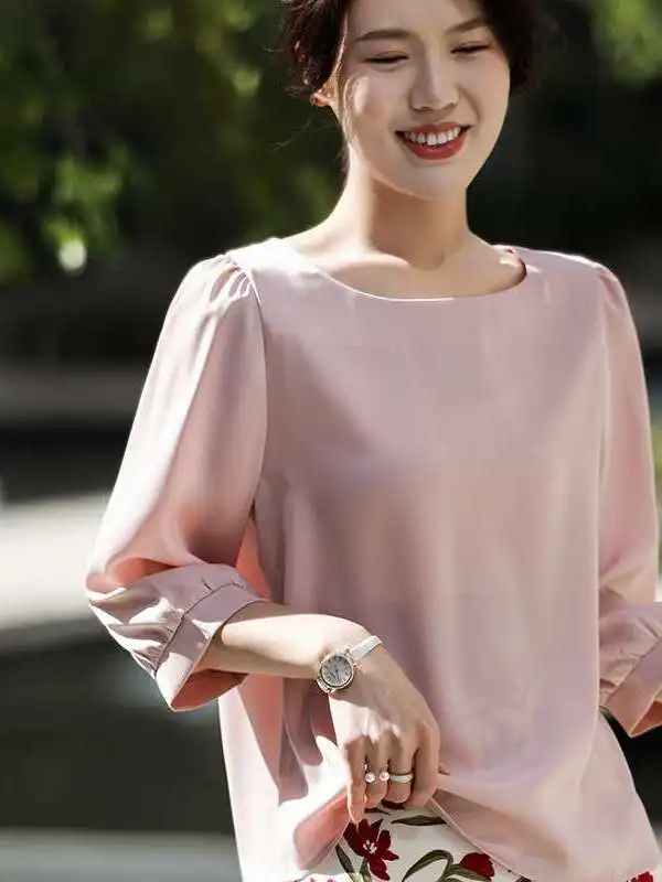 

French Style Three-quarter Sleeve Women Summer Thin Silk Shirt High Waist Commute Style Polyester Fabric Seven-eighth Length