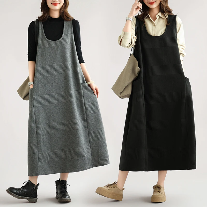 Loose Fit Knitted Cotton Polyester Long Dress round Neck Overhead Style Autumn Winter Floral Print Pure Color Artistic Dress