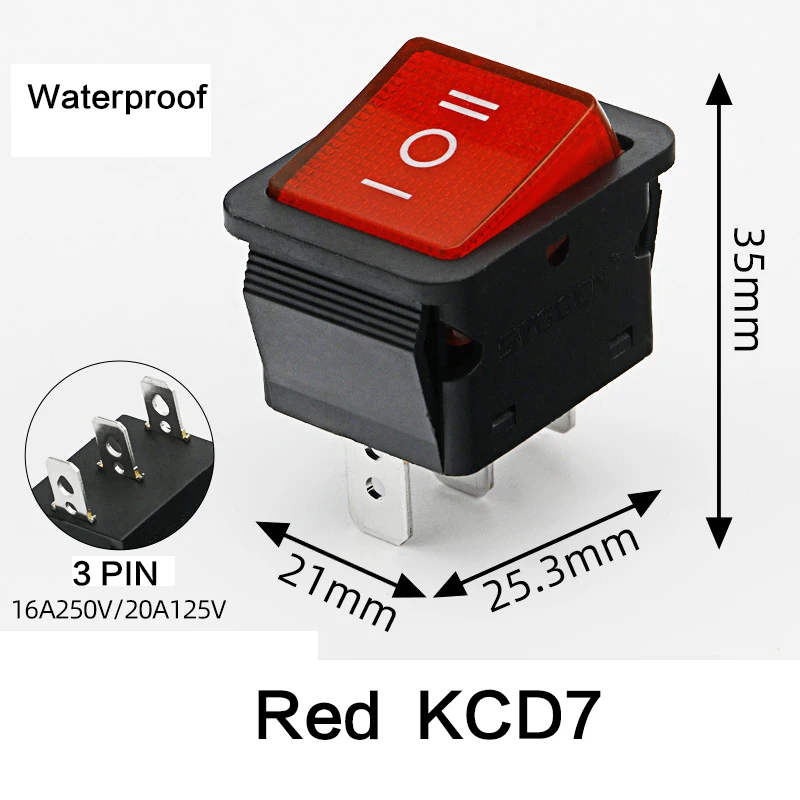 KCD7 16A 250VAC Rocker Switch 20A 125VAC DPST ON OFF Latching 12V 220V Red Green Blue Black Yellow LED Illuminated