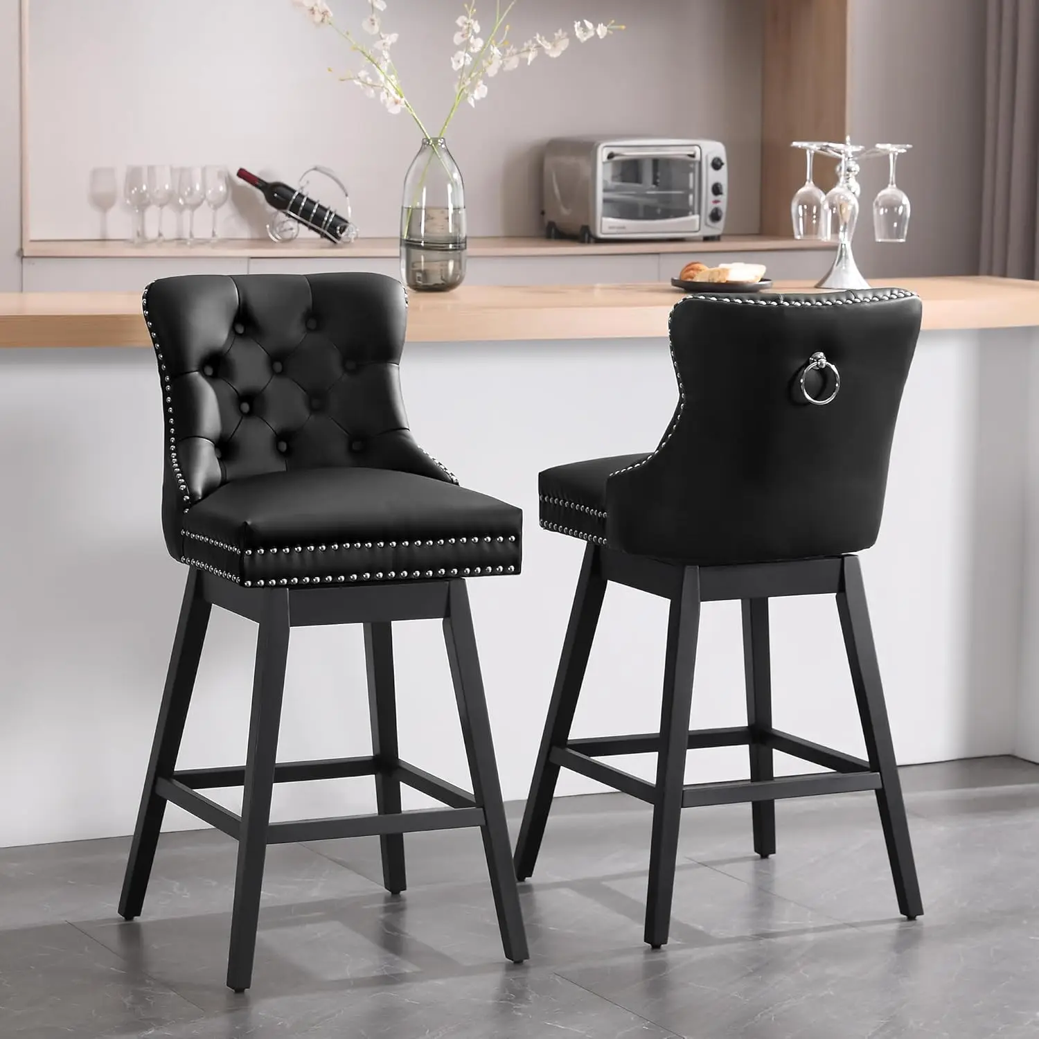 

26in Swivel Counter Stool Set of 2 with Back Faux Leather Seat Wood Footrest Kitchen Island Home Bar Black Customized