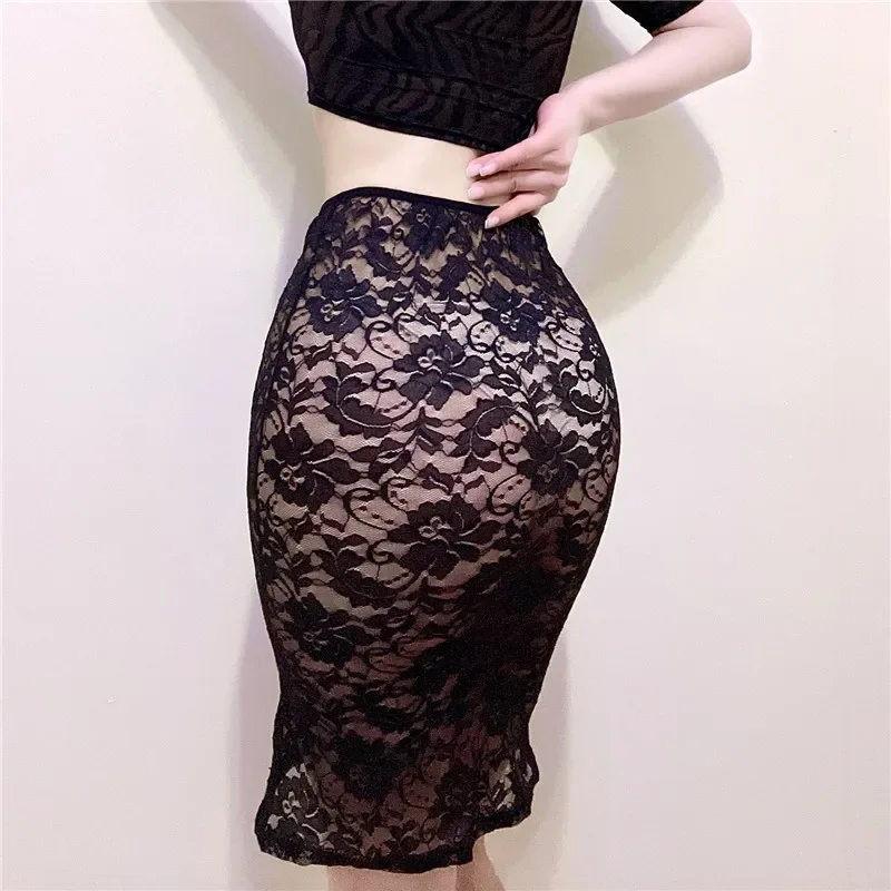 FREEAUCE See Through Sexy Lace Pencil Skirts Mini Pleated Black Wrap Hip Micro Long Skirt for Women Nightclub Clothing Summer