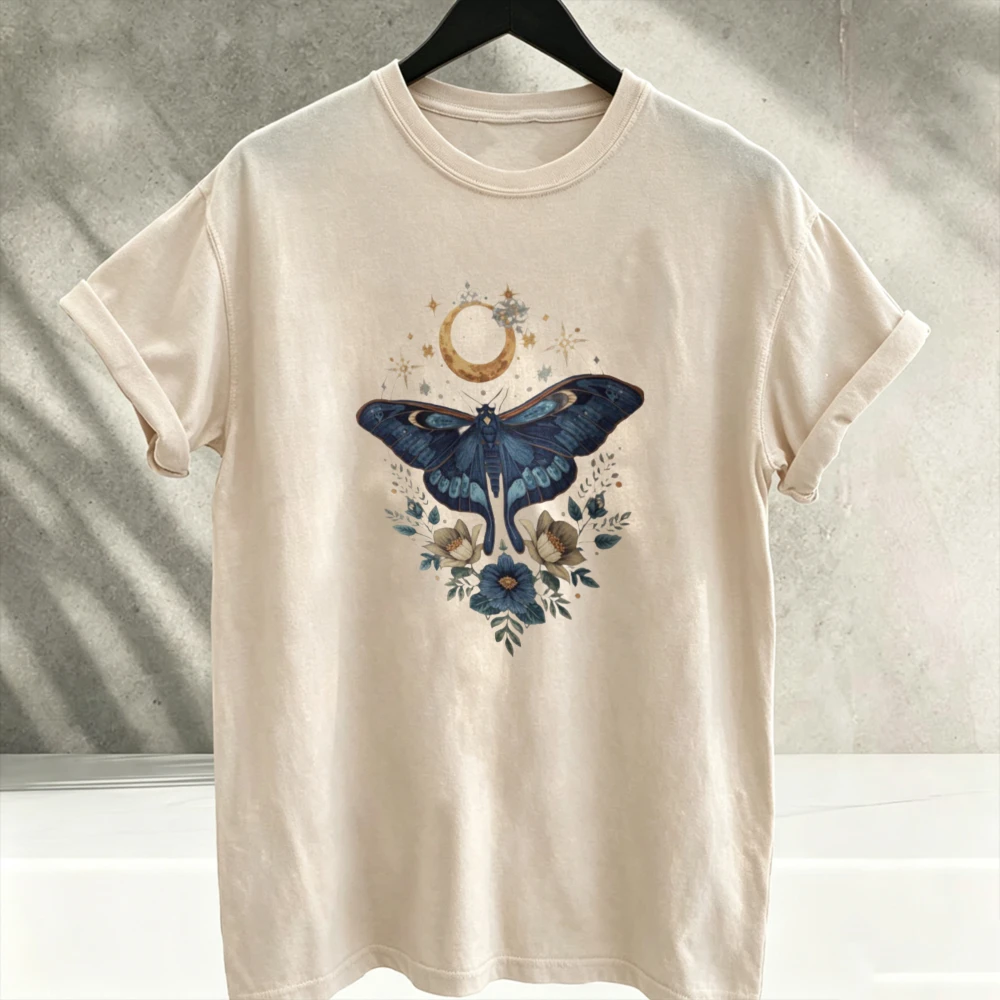 Witchy Vintage Celestial Moon Star Moth Floral Graphic Cotton T-Shirt Witchy Botanical Cottagecore Unisex Tee Aesthetic Clothes