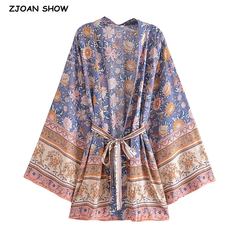 2023 BOHO Women Blue With Brown Flower Print Kimono Shirt Holiday Tide Bow Sashes Mid Long Cardigan Summer Blouse Beach Cape