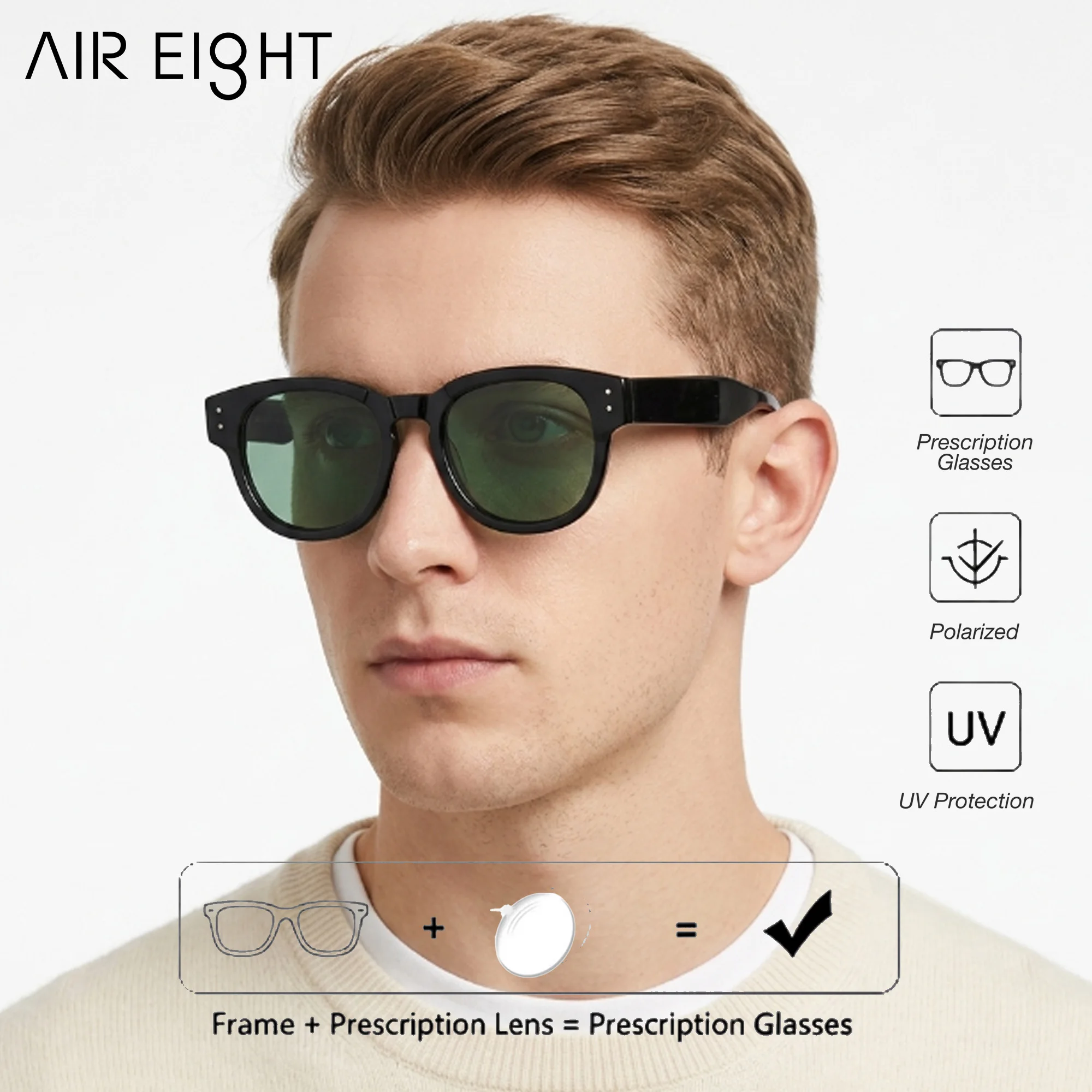 AIR EIGHT XL Size Round Acetate For Men Prescription Sunglasses Progressive Polarized UV400 Eyewear