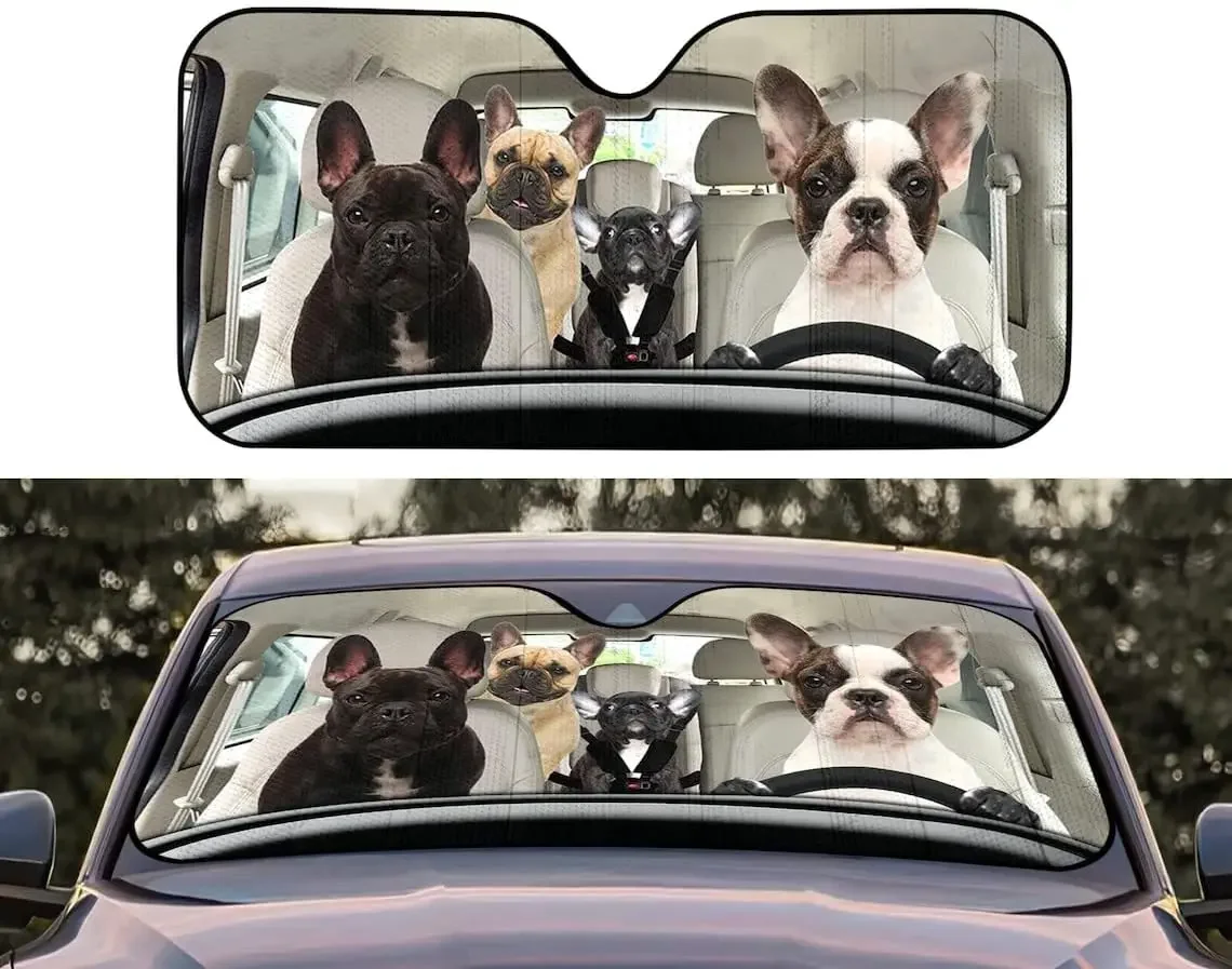 French Bulldog Family Driving Car Sunshade for Windshield, Dogs Auto Sun Shade, Bulldog Car Sun Shade, Car Accessories, Dog Lovi