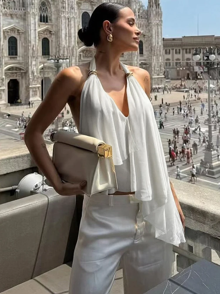 

Nibber Elegant Metal Trim Tank Tops Woman Mesh Patchwork Halter Low-Neck Backless Ruched Ruffles Decoration 2026 New Style Vests