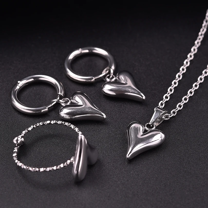 No Fade Three-Dimensional Love Jewelry Set Heart Ring/Earring/Necklace Stainless Steel Rings For Women Accessories Birthday Gift