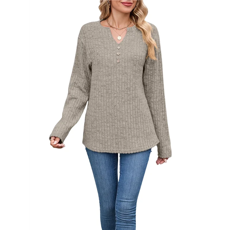 AOAO-Women Long Sleeve Shirts Dressy Casual Button V Neck Pullover Sweaters Jumper Tops Fall Outfits