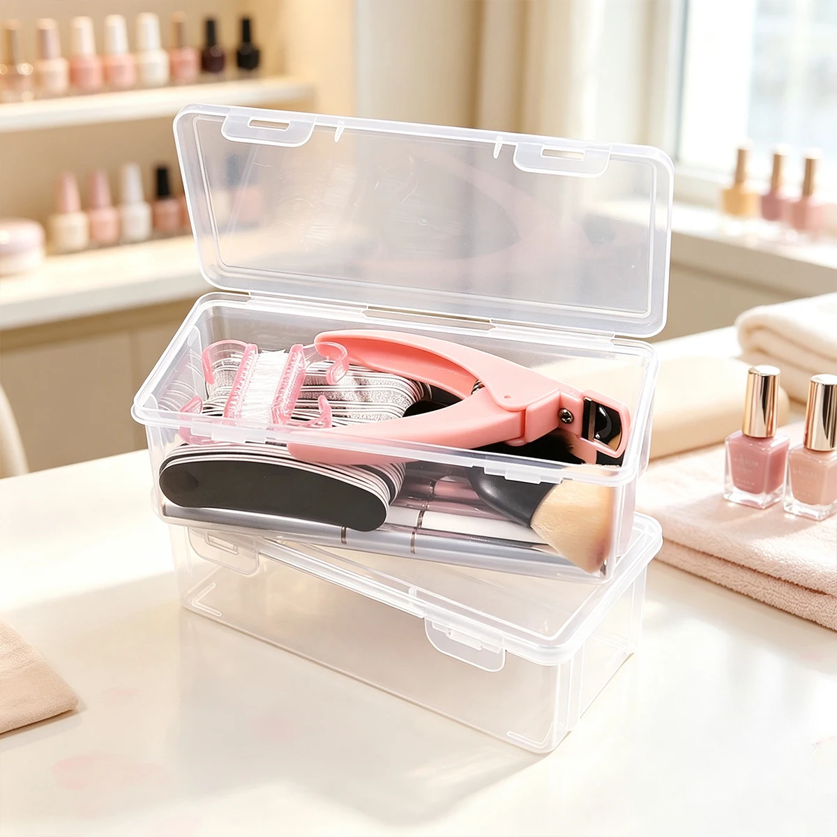 1pc/2pcs Transparent Nail Tool Flip Storage Box Stackable Dustproof Tabletop Hair Accessory Jewelry Storage Box view 5