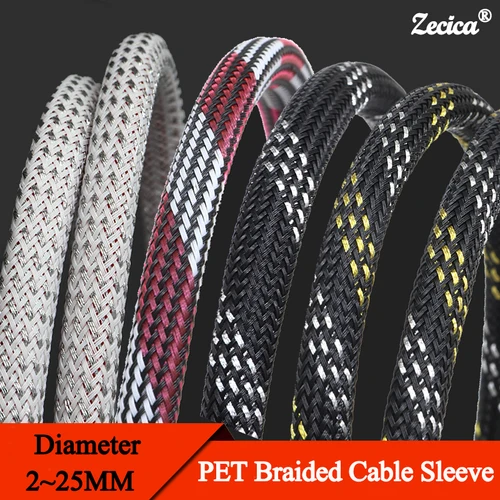 Imagen 1 del producto Funda de Cable trenzado PET de 1 ~ 50M de diámetro 2/4/6/8/10/12/16/20/25mm funda de envoltura de protección de cables aislados de alta densidad expandible