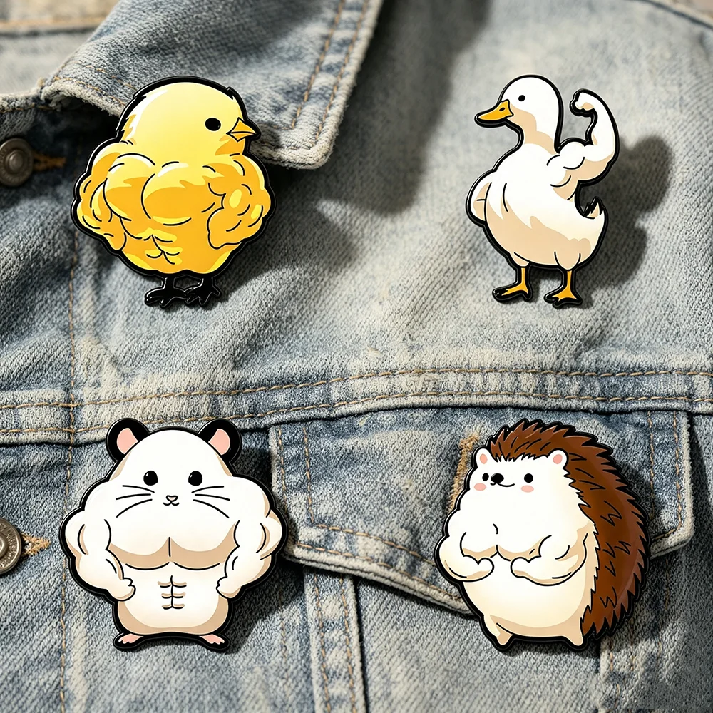 4-teiliges Cartoon-Fitness-Tier-Emaille-Broschen-Set: Muskel-Ente, Hamster, Igel Anstecknadeln – Lustiges Fitness-Geschenk für Sportbegeisterte – Detail 5