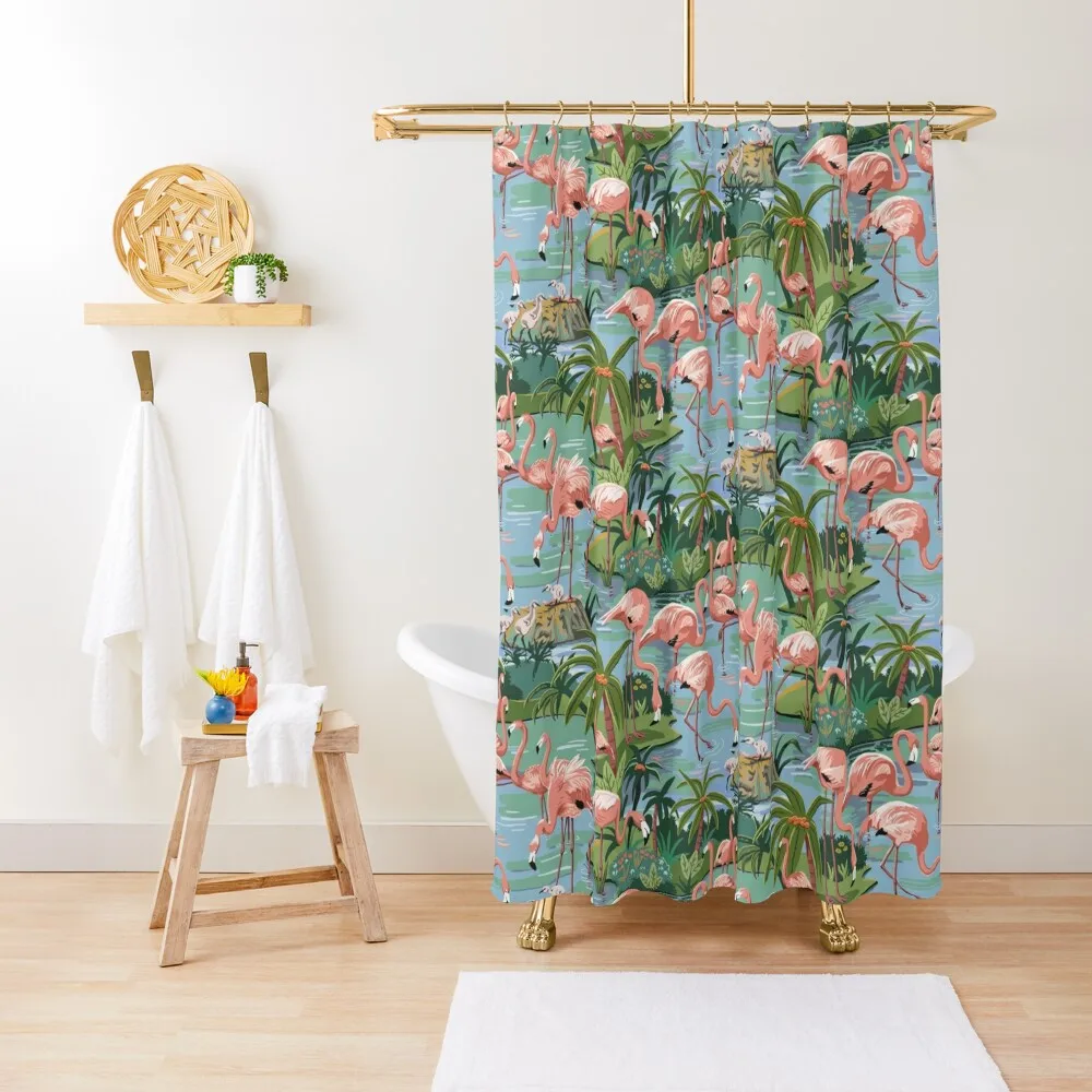 

Flamingo Lagoon Vintage Style Paint by Number Shower Curtain For The Bathroom Shower Bathroom Curtain