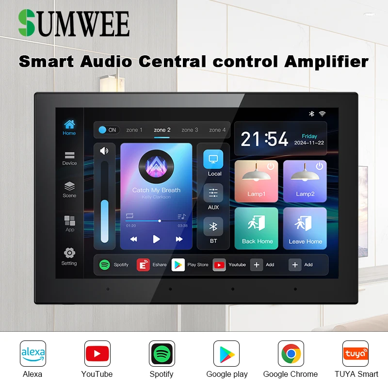 

8 Inch Smart Audio System 4 Zone Volume Sound Wall Amplifiers Android 11 Tuya Home Control Panel 4+32G Music Player 8x30W Power
