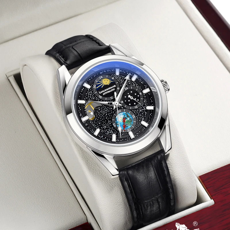

Мужские часы в европейском и американском стиле, высококлассные, с эффектом звездного неба, светящиеся, с фазами Луны, турбийоном, скелетонизированные, полностью автоматические, механические, стильные, повседневные, универсальные, персонализированные, луч