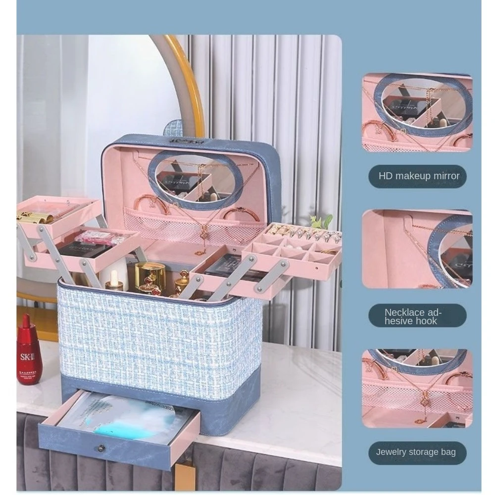 

Liftable and Foldable Cosmetic Storage Box with Mirror Multi-function Cosmetic Case Large Capacity Portable Cosmetic Bag Gift
