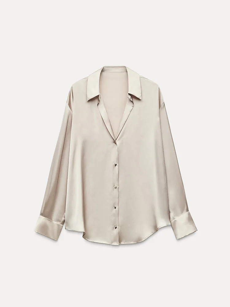 

Spring New Arrival Women's Casual Comfortable Silk Satin Feel Long Sve Turn-down Collar irt Commute Sle Thin Material ...