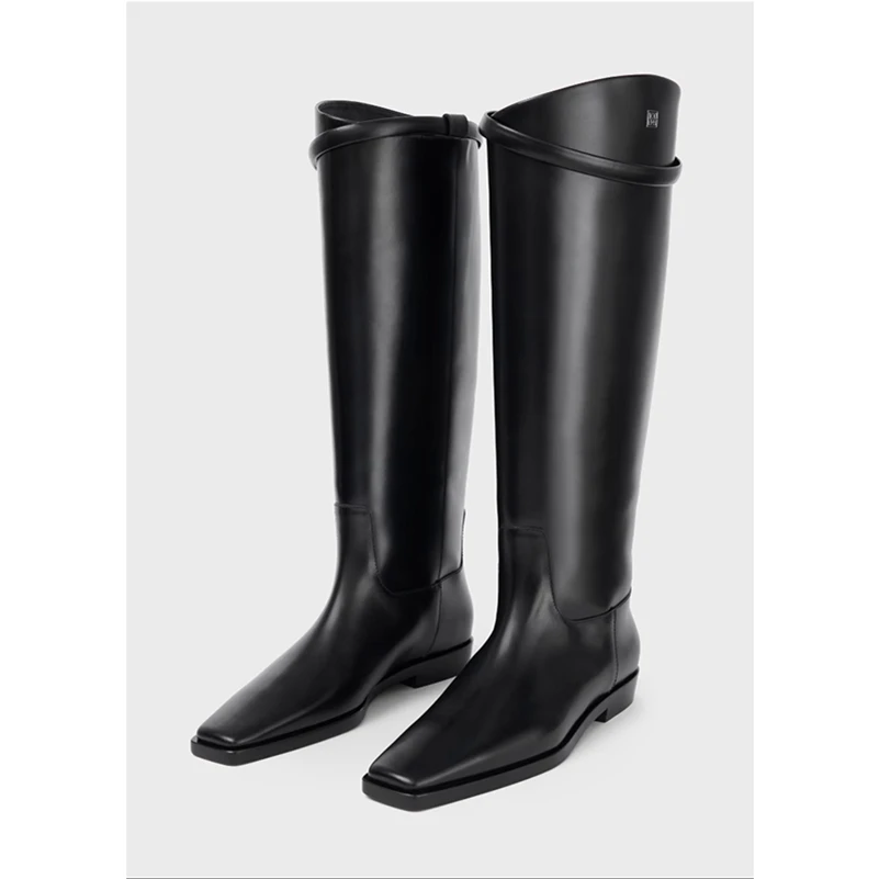 Meotina Women Genuine Leather Knee High Boots Square Toe Flats Concise Design Long Boots Ladies Fashion Shoes Winter Black 42