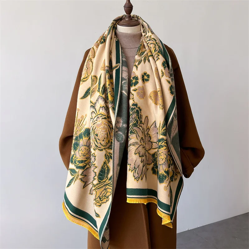 2024NEW Mature and Elegant Flower Contrast Color Winter Scarf Luxury Brand Cotton Shawl Windproof and Warm Women's Scarf