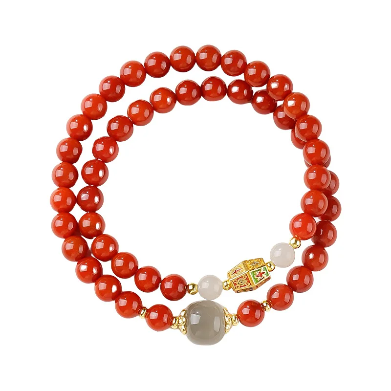 Natural South Red Agate & Hetian Jade Double-Circle Bracelet for Women, Lucky Beads Jewelry Lover Gift