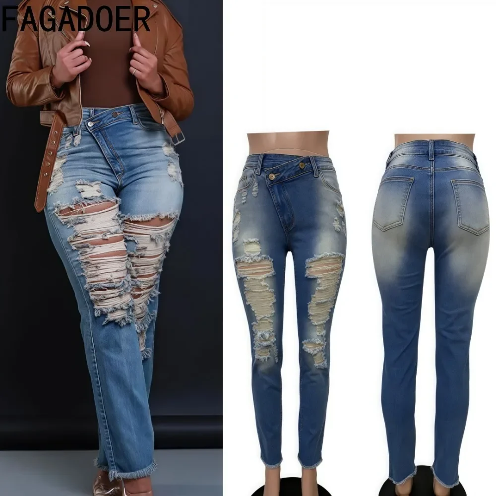 

FAGADOER Retro Denim Pants for Women Sexy Hole Hollow Out Irregular Patchwork Bodycon Jeans Fashion Female Streetwear Bottoms