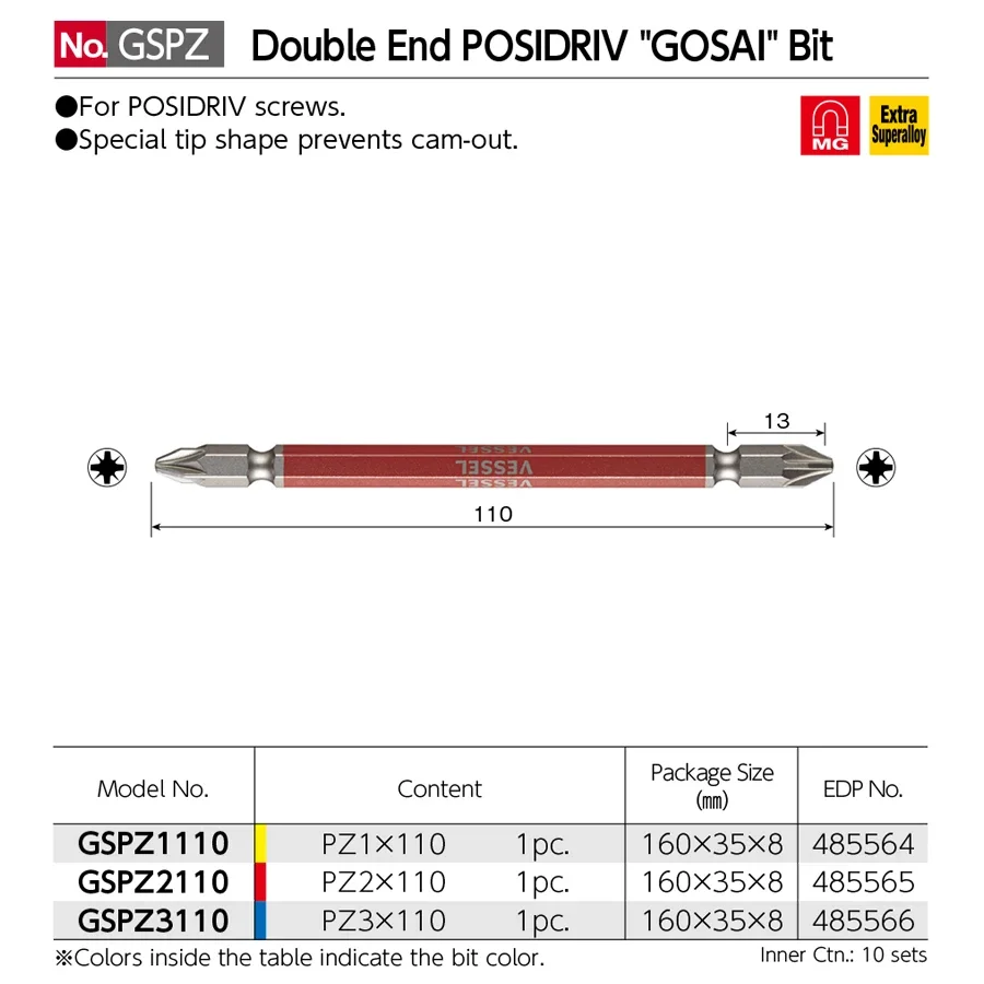 VESSEL مفك مغناطيسي بت 1 قطعة 110 مللي متر نهاية مزدوجة POZIDRIV GO-SAI PZ1 PZ2 PZ3 بت رقم سلسلة GSPZ #2