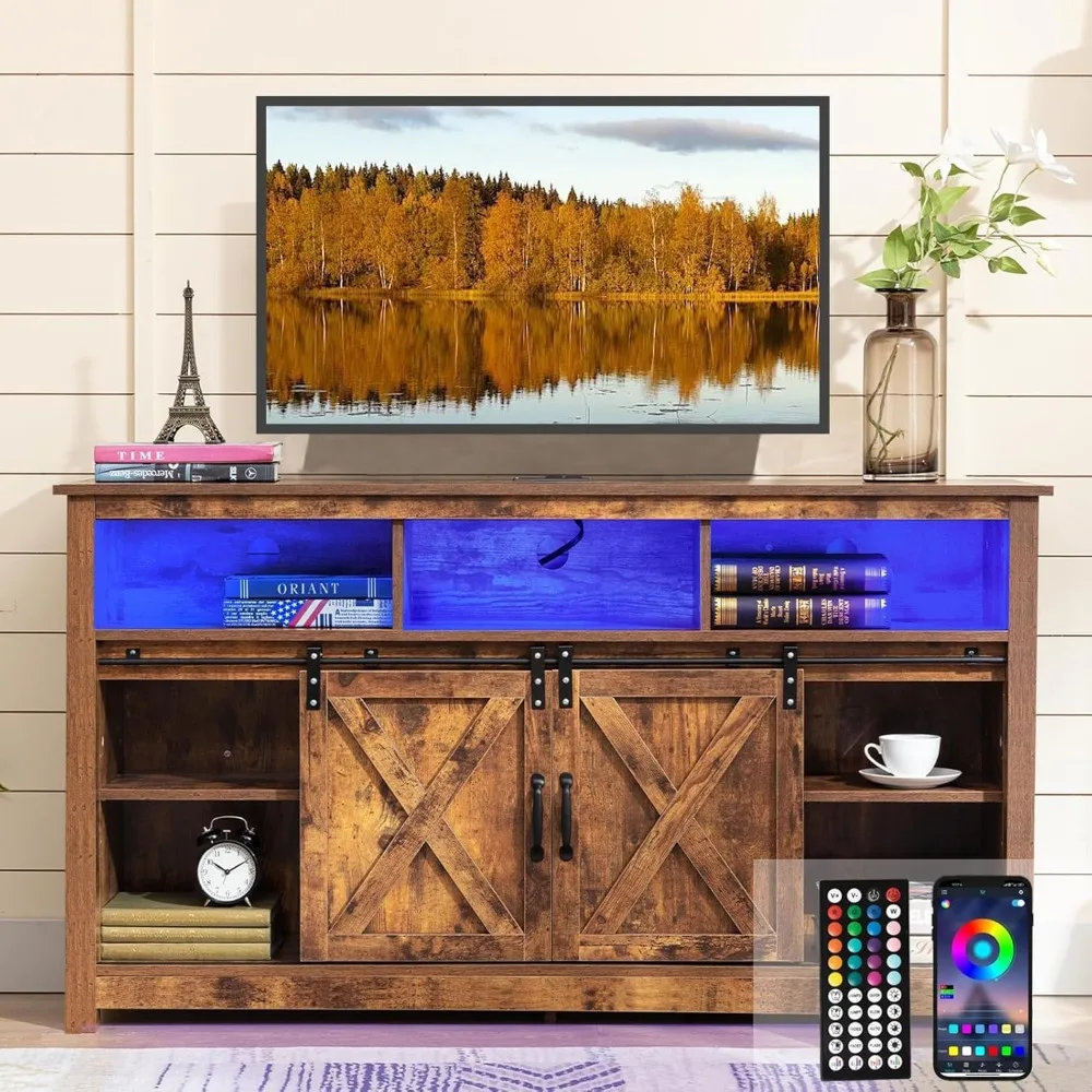 Vinctik 6&Fox 57” Wooden Farmhouse TV Stand for 60/65 inch TV,Double Layer Storage Entertainment Center TV Console Table,w Doubl