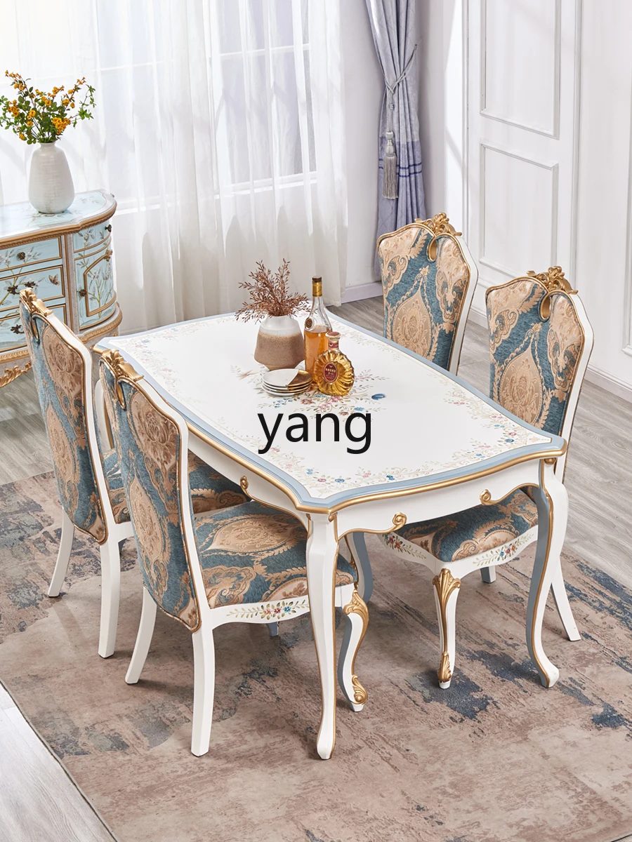 LXL Solid Wood Carved White Rectangular Dining Table Home Hand Painted Table and Chair Combination