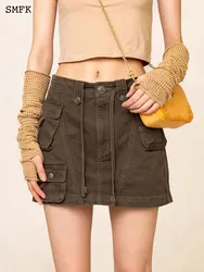 SMFK Short Skirt Vintage Drawstring Cargo Mini Skirt for Women Versatile Casual Lace-up A-Line Workwear Denim Short Skirt