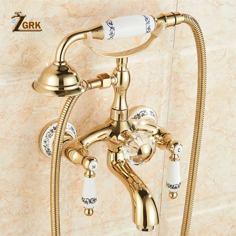 Imagem -05 - Zgrk Torneiras de Banheira Luxuosas Feitas de Cristal Dourado com Misturador e Suporte na Parede para Telefone