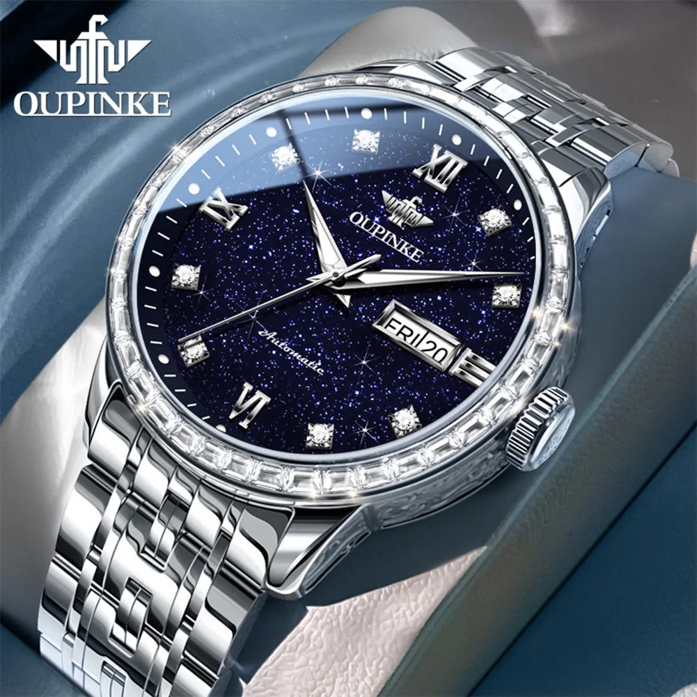 

OUPINKE 3258 High Quality Mens Watch Luxury Automatic Mechanical Watch﻿ 50M Waterproof Week Date Watches Starry Sky Dial Gift