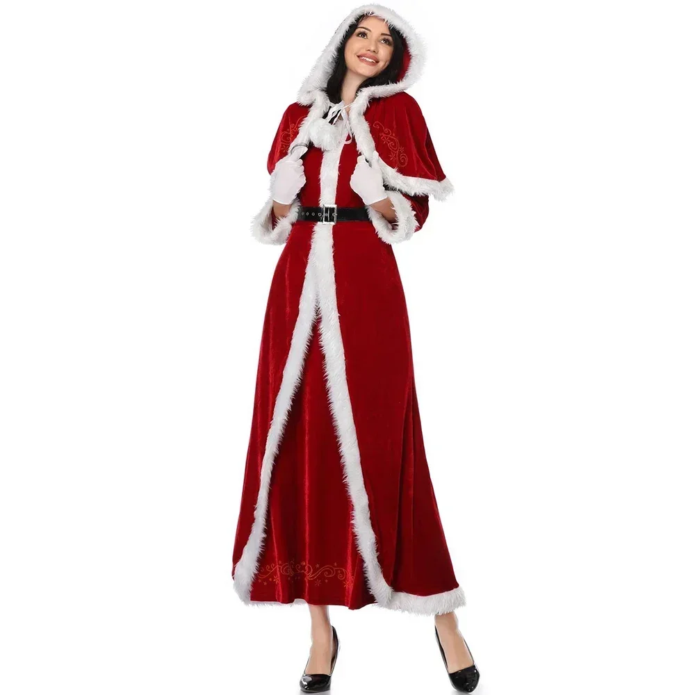 Costume cosplay di Babbo Natale di Natale Velluto rosso Lady Elegante abito lungo Natale Carnevale Festa Capodanno Prestazioni per donna