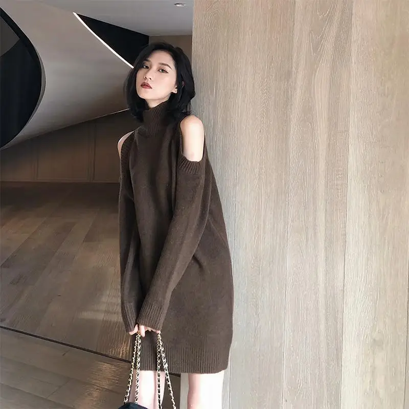 plus Size Knitted Shoulder Bared mid Length Loose Fit High Collar  Color Women's Sweater Korean Style Long Sleeve Winter...