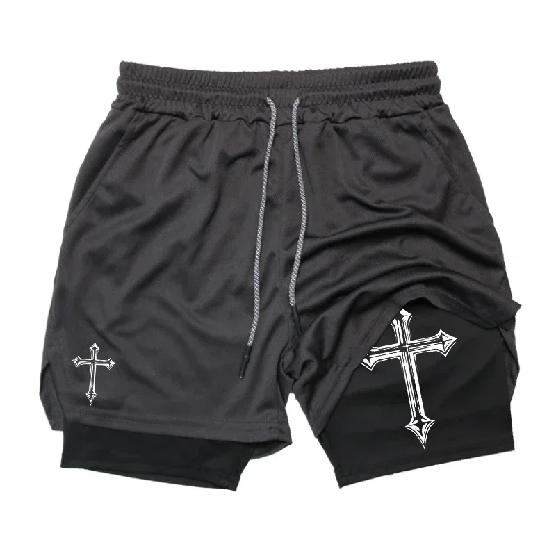 

Men's cross printed 2-in-1 training shorts with compression lining Christian gym sports shorts phone pocket towel buckle run