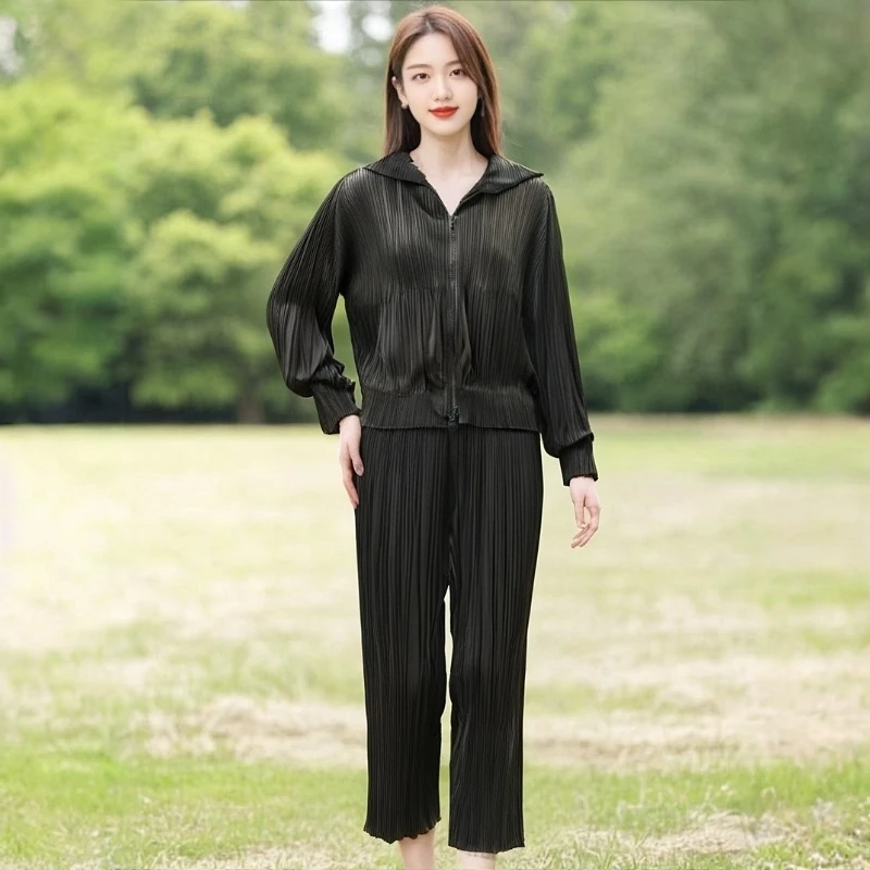 

San Zhai Fold Set for Women's Spring and Autumn New Fashion, Casual Sports Style, Hoodie, Cardigan, Haren Pants, Two Piece Set