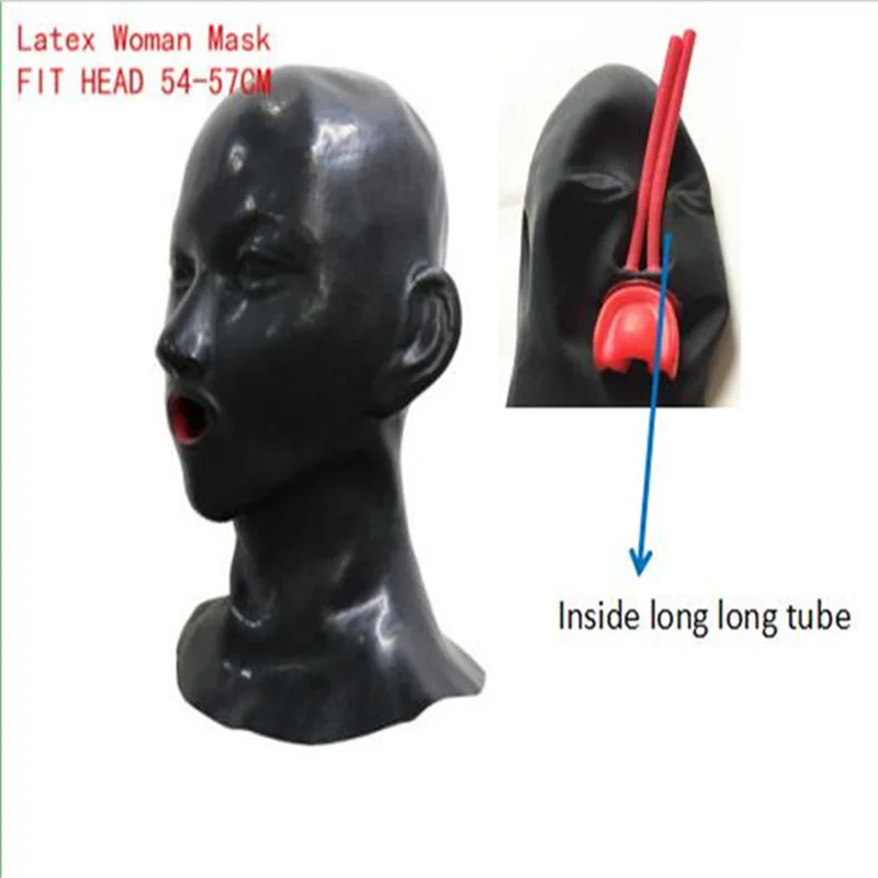 0.6mm Thickness 3D Latex Hood Rubber Mask Fetish with Mouth Gag Plug Long Nose Tube Back Zip for Women Head Around 54-57cm