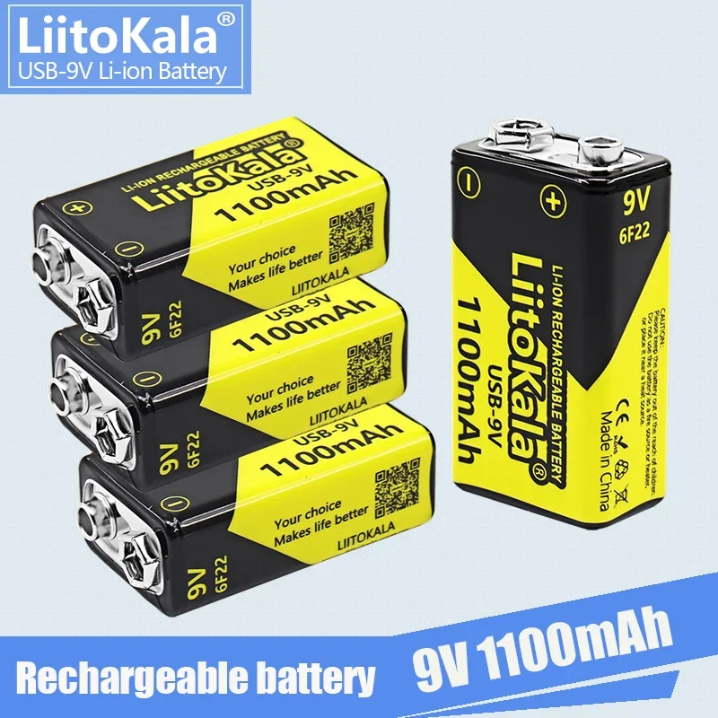 

4CS LiitoKala USB 9V Battery 1100mAh Lithium Rechargeable Battery 6F22 For Metal Detector Multimeter Microphone Remote Control