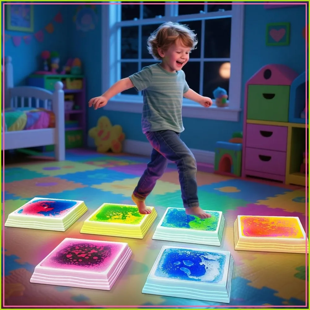Light Up Sensory Floor Tiles - 12x12 Inch Liquid Play Mat with 7 Colors LED, Non-Slip Puzzle Mat for Home, Classroom, Autism Toys for Toddlers Ages 3-7 (Pack of 6)