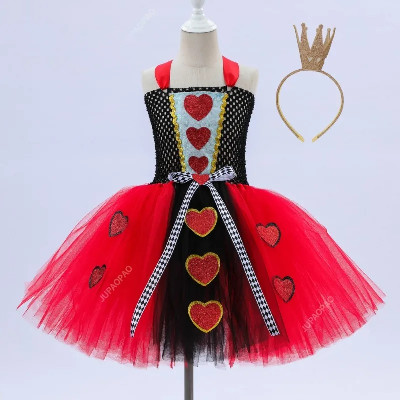 Tutu Red Queen of Hearts Costumes Girls Alice in Wonderland Fancy Dress Kids Carnival Halloween Outfit with Crown Magic Stick